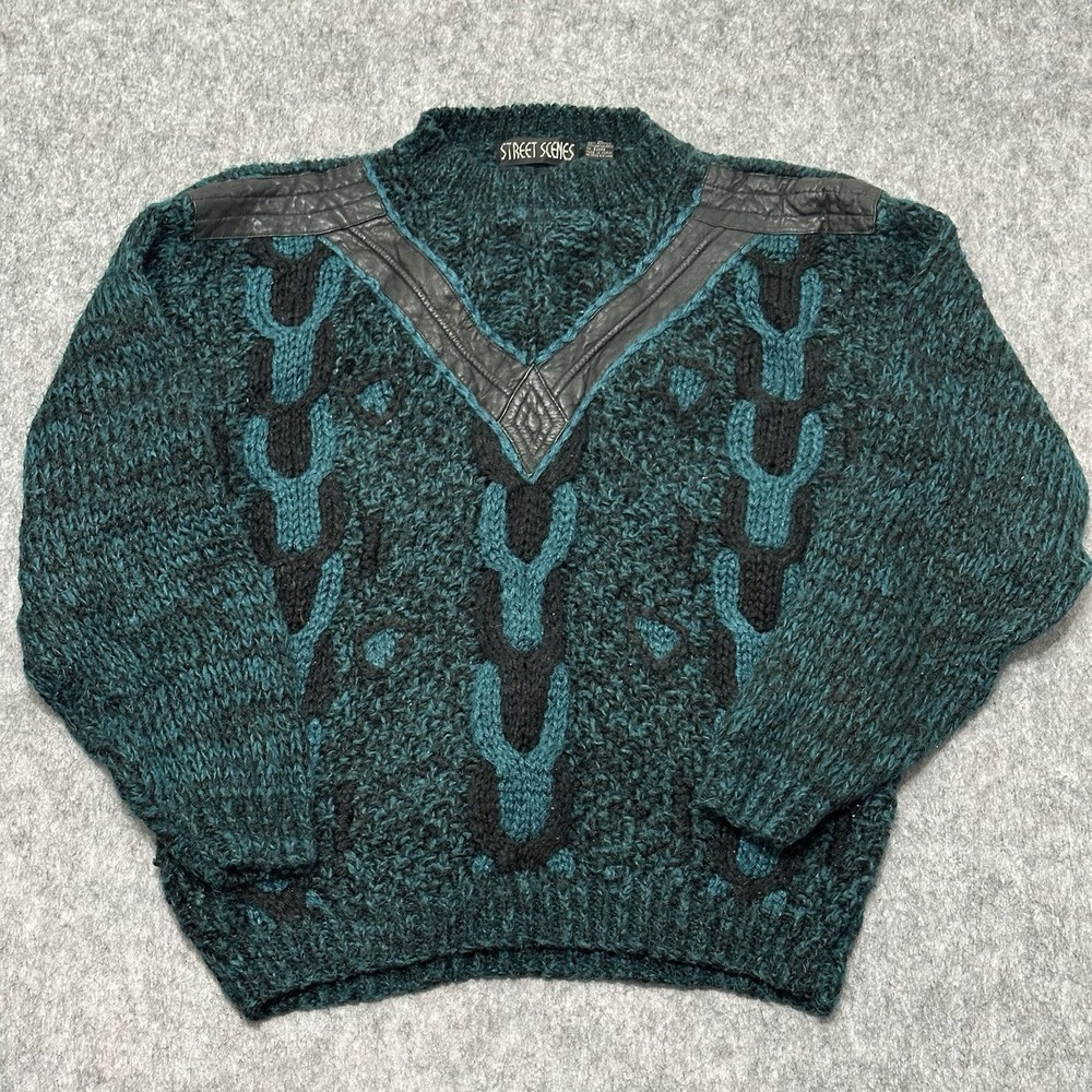 Vintage 80s 90s STREET SCENES Acrylic Abstract Ugly Green Sweater Men's Sz Large